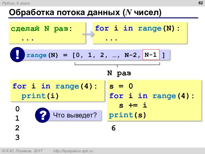 Обработка потока данных (N чисел) сделай N раз: ... for i