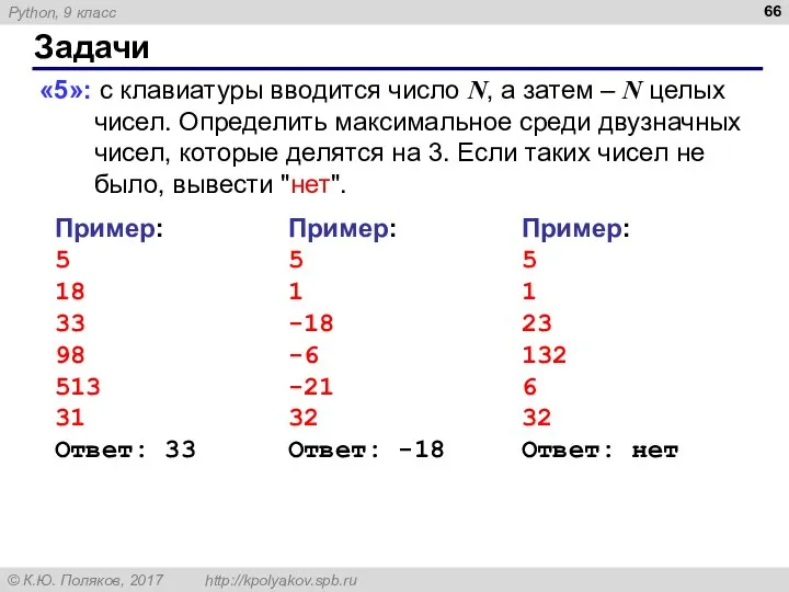 Задачи «5»: с клавиатуры вводится число N, а затем – N