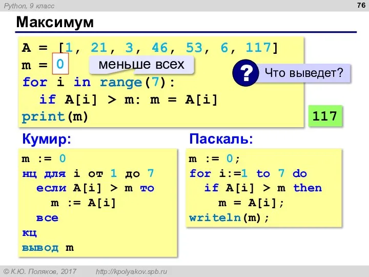 Максимум A = [1, 21, 3, 46, 53, 6, 117] m