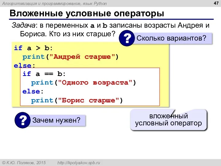 Вложенные условные операторы if a > b: print("Андрей старше") else: if