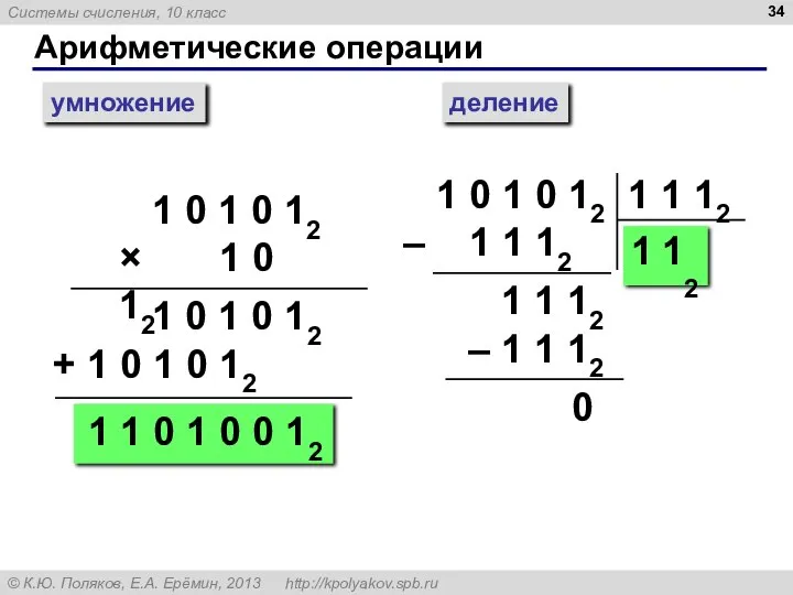 Арифметические операции умножение деление 1 0 1 0 12 × 1