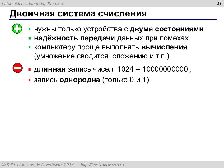 Двоичная система счисления длинная запись чисел: 1024 = 100000000002 запись однородна