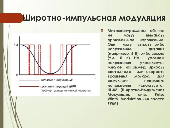 Широтно-импульсная модуляция Микроконтроллеры обычно не могут выдавать произвольное напряжение. Они могут