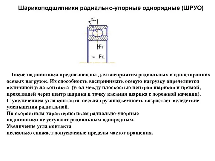 Шарикоподшипники радиально-упорные однорядные (ШРУО) Такие подшипники предназначены для восприятия радиальных и