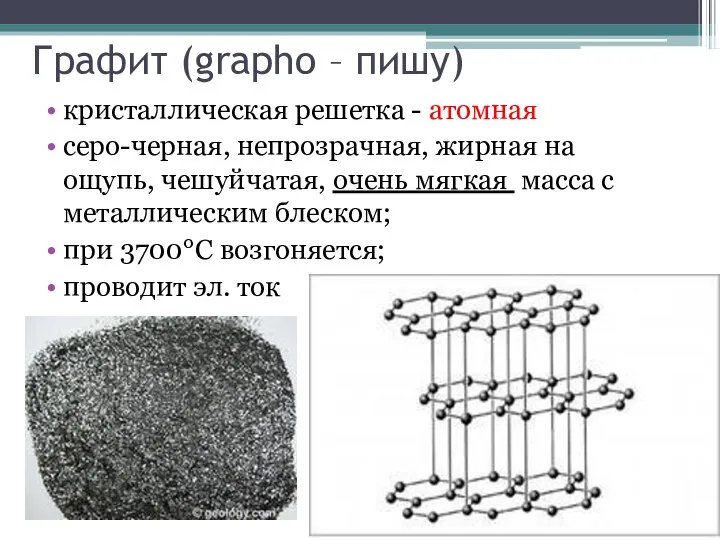 Графит (grapho – пишу) кристаллическая решетка - атомная серо-черная, непрозрачная, жирная