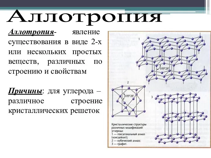 Аллотропия Аллотропия- явление существования в виде 2-х или нескольких простых веществ,