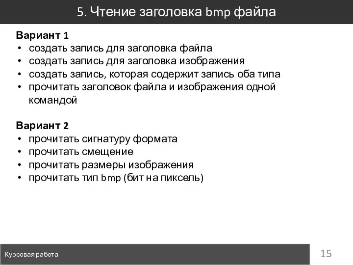 5. Чтение заголовка bmp файла Курсовая работа Вариант 1 создать запись