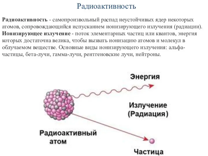 Радиоактивность Радиоактивность - самопроизвольный распад неустойчивых ядер некоторых атомов, сопровождающийся испусканием