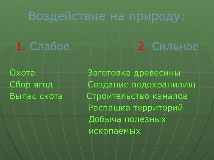 Воздействие на природу: 1. Слабое 2. Сильное Охота Заготовка древесины Сбор