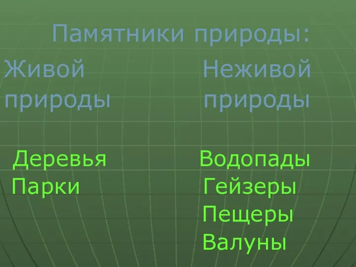 Живой Неживой природы природы Деревья Водопады Парки Гейзеры Пещеры Валуны Памятники природы: