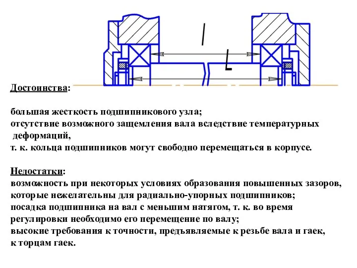 Достоинства: большая жесткость подшипникового узла; отсутствие возможного защемления вала вследствие температурных
