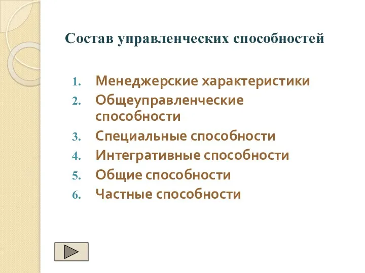 Состав управленческих способностей Менеджерские характеристики Общеуправленческие способности Специальные способности Интегративные способности Общие способности Частные способности