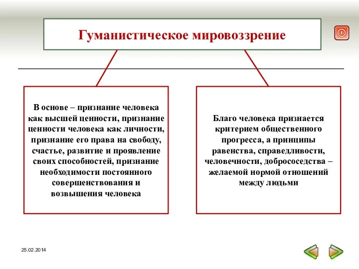 Гуманистическое мировоззрение В основе – признание человека как высшей ценности, признание