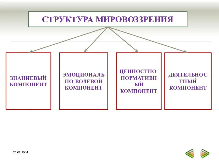 СТРУКТУРА МИРОВОЗЗРЕНИЯ ЗНАНИЕВЫЙ КОМПОНЕНТ ЭМОЦИОНАЛЬНО-ВОЛЕВОЙ КОМПОНЕНТ ЦЕННОСТНО-НОРМАТИВНЫЙ КОМПОНЕНТ ДЕЯТЕЛЬНОСТНЫЙ КОМПОНЕНТ 25.02.2014