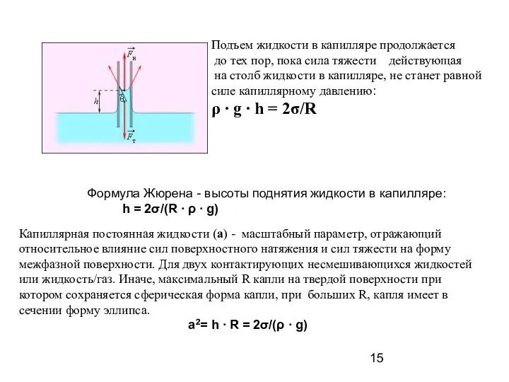 Формула Жюрена - высоты поднятия жидкости в капилляре: h = 2σ/(R