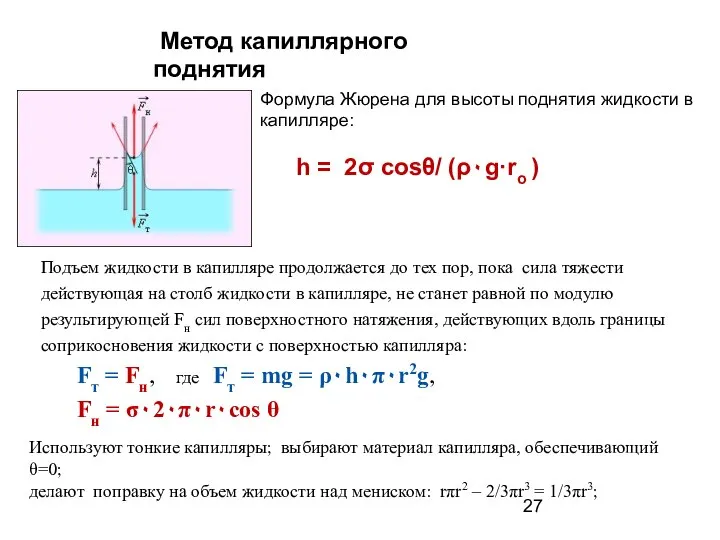 Формула Жюрена для высоты поднятия жидкости в капилляре: h = 2σ