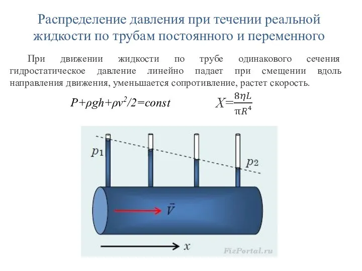 Распределение давления при течении реальной жидкости по трубам постоянного и переменного