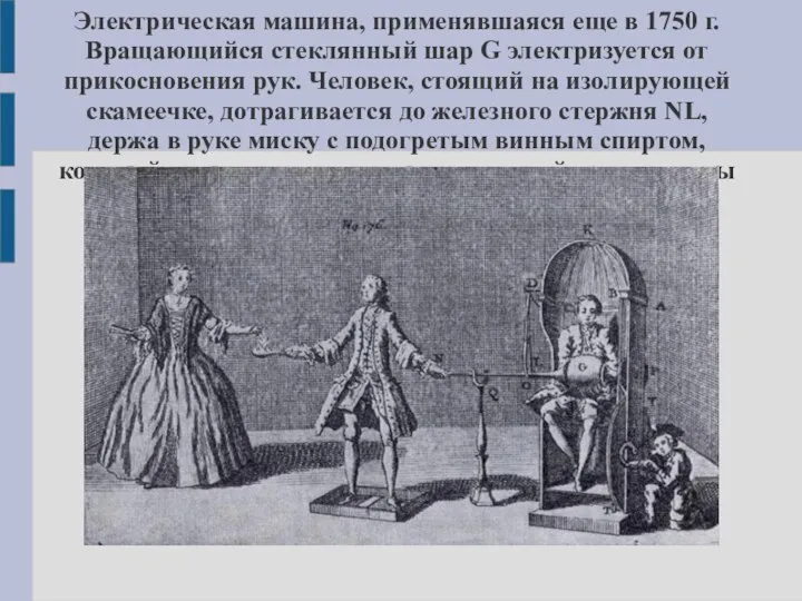 Электрическая машина, применявшаяся еще в 1750 г. Вращающийся стеклянный шар G