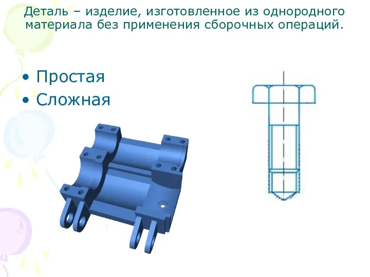 Деталь – изделие, изготовленное из однородного материала без применения сборочных операций. Простая Сложная