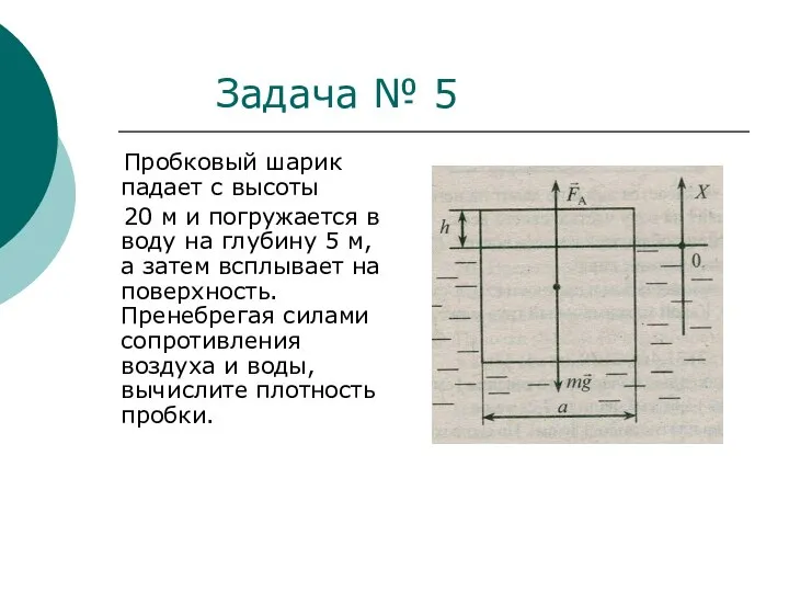 Пробковый шарик падает с высоты 20 м и погружается в воду