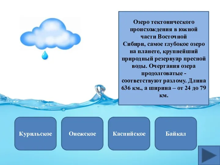 Курильское Байкал Каспийское Онежское Озеро тектонического происхождения в южной части Восточной