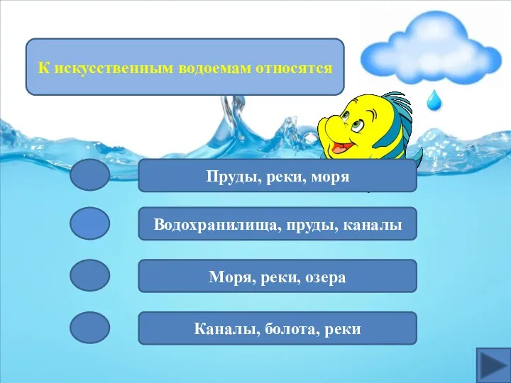 К искусственным водоемам относятся Пруды, реки, моря Водохранилища, пруды, каналы Моря, реки, озера Каналы, болота, реки