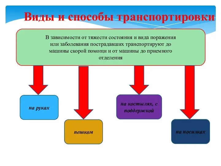 Виды и способы транспортировки : на руках пешком на костылях, с