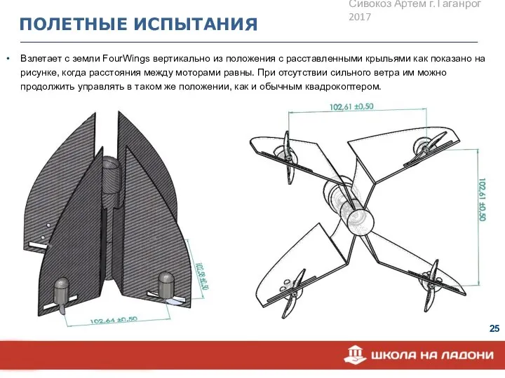 ПОЛЕТНЫЕ ИСПЫТАНИЯ Взлетает с земли FourWings вертикально из положения с расставленными