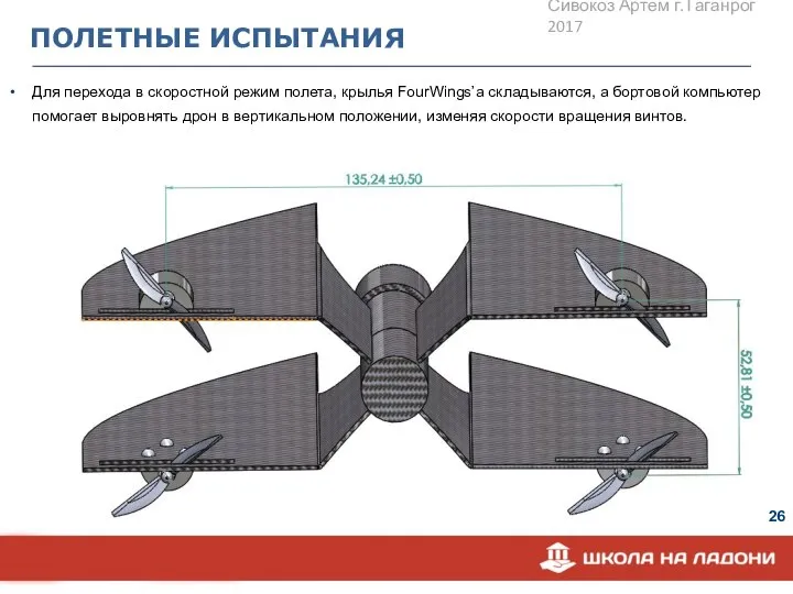 ПОЛЕТНЫЕ ИСПЫТАНИЯ Для перехода в скоростной режим полета, крылья FourWings’a складываются,