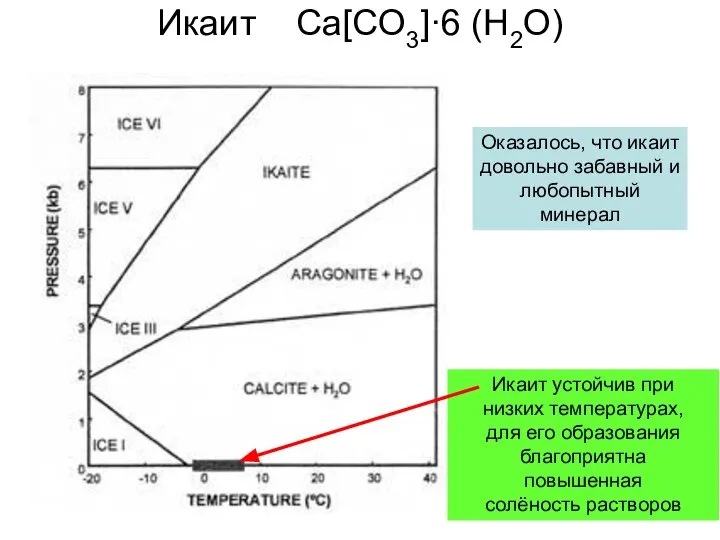 Икаит Ca[CO3]·6 (H2O) Икаит устойчив при низких температурах, для его образования