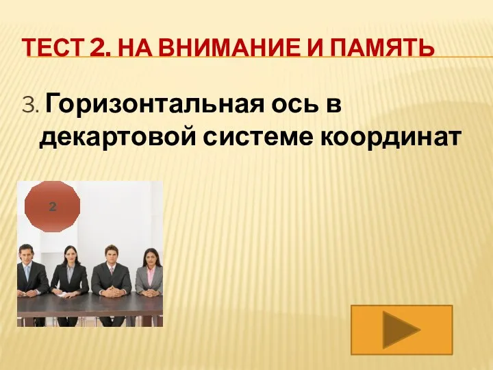 ТЕСТ 2. НА ВНИМАНИЕ И ПАМЯТЬ 3. Горизонтальная ось в декартовой системе координат 2