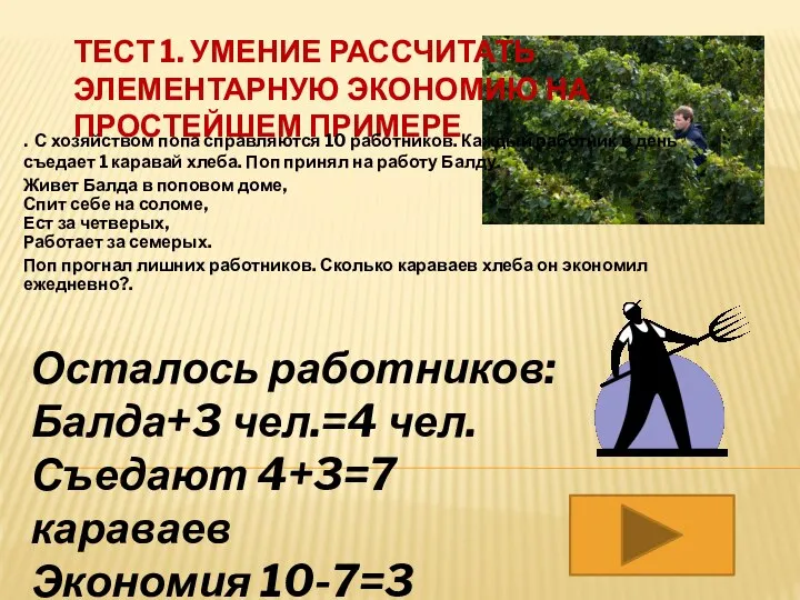 ТЕСТ 1. УМЕНИЕ РАССЧИТАТЬ ЭЛЕМЕНТАРНУЮ ЭКОНОМИЮ НА ПРОСТЕЙШЕМ ПРИМЕРЕ . С