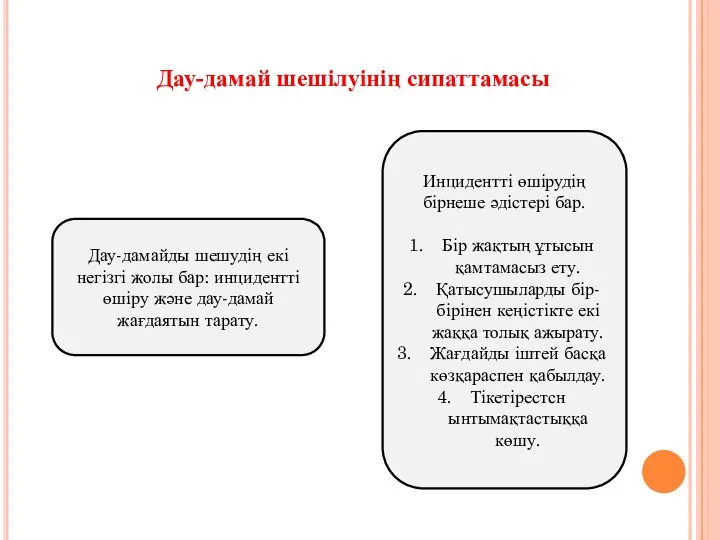 Дау-дамай шешілуінің сипаттамасы Дау-дамайды шешудің екі негізгі жолы бар: инцидентті өшіру