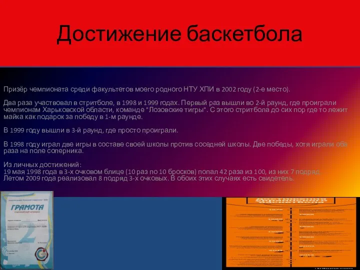 Достижение баскетбола Призёр чемпионата среди факультетов моего родного НТУ ХПИ в