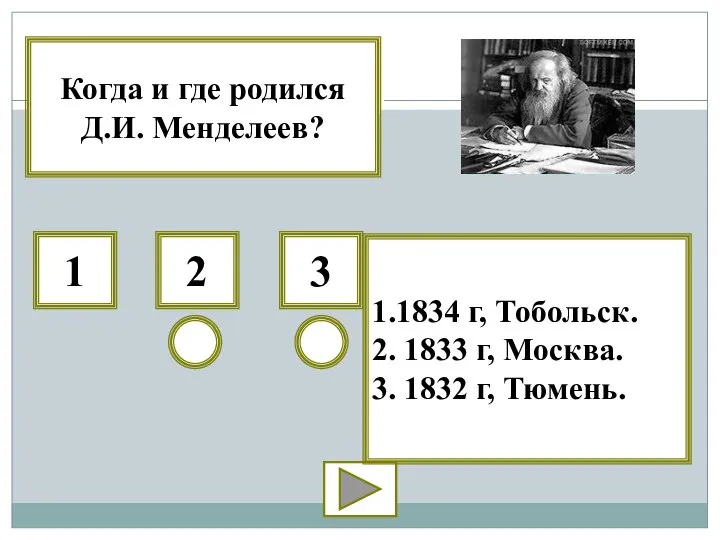 Когда и где родился Д.И. Менделеев? 1 2 3 1.1834 г,