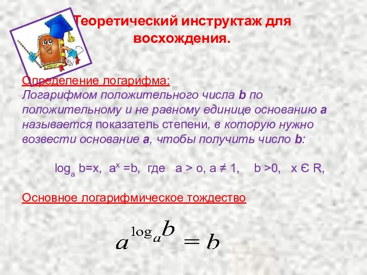 Теоретический инструктаж для восхождения. Определение логарифма: Логарифмом положительного числа b по