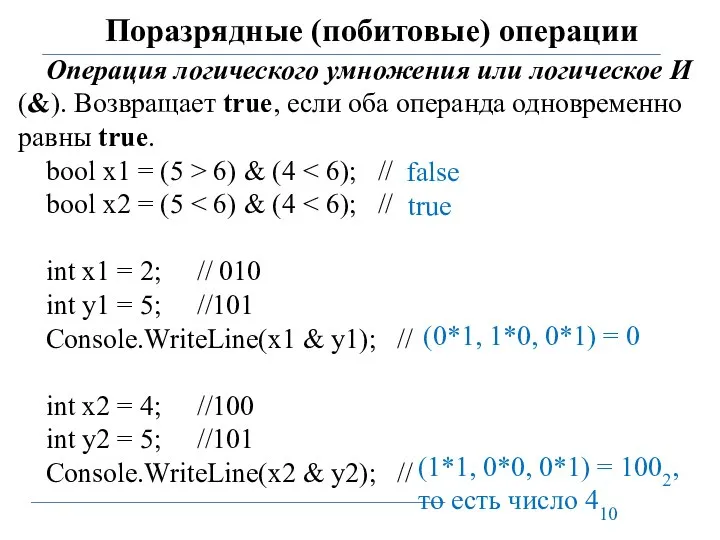 Поразрядные (побитовые) операции Операция логического умножения или логическое И (&). Возвращает