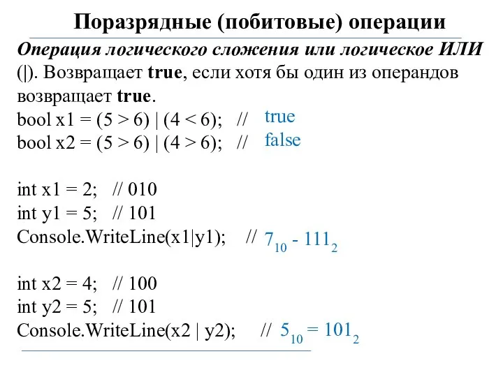 Поразрядные (побитовые) операции Операция логического сложения или логическое ИЛИ (|). Возвращает
