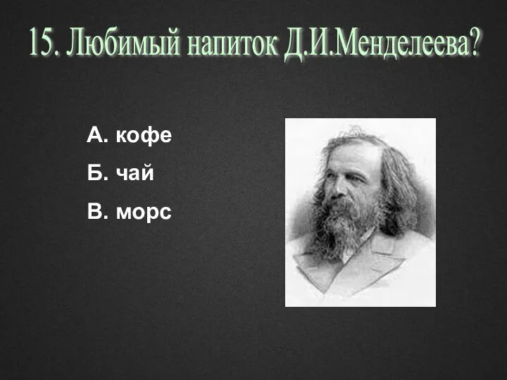 15. Любимый напиток Д.И.Менделеева? А. кофе Б. чай В. морс