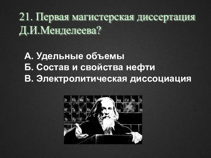 А. Удельные объемы Б. Состав и свойства нефти В. Электролитическая диссоциация 21. Первая магистерская диссертация Д.И.Менделеева?