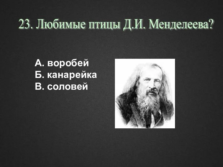 А. воробей Б. канарейка В. соловей 23. Любимые птицы Д.И. Менделеева?