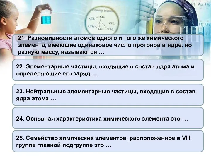 21. Разновидности атомов одного и того же химического элемента, имеющие одинаковое