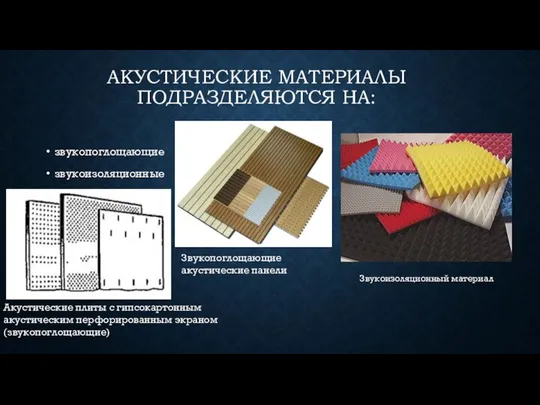 АКУСТИЧЕСКИЕ МАТЕРИАЛЫ ПОДРАЗДЕЛЯЮТСЯ НА: звукопоглощающие звукоизоляционные Акустические плиты с гипсокартонным акустическим