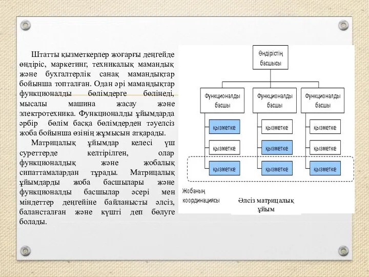 Штатты қызметкерлер жоғарғы деңгейде өндіріс, маркетинг, техникалық мамандық және бухгалтерлік санақ