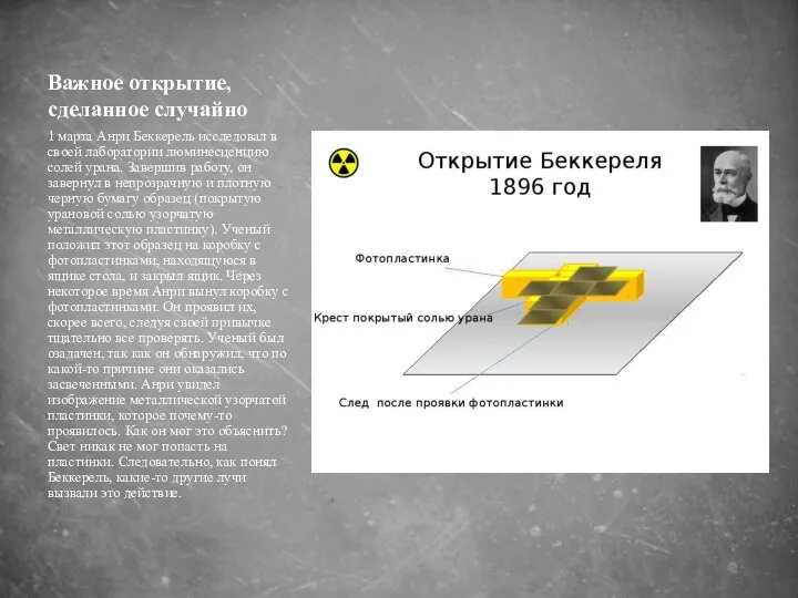 Важное открытие, сделанное случайно 1 марта Анри Беккерель исследовал в своей