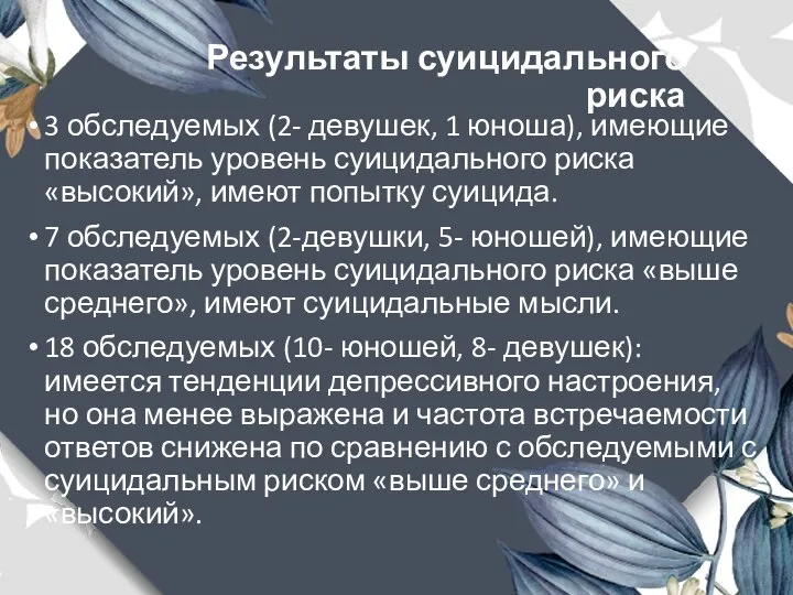 Результаты суицидального риска 3 обследуемых (2- девушек, 1 юноша), имеющие показатель