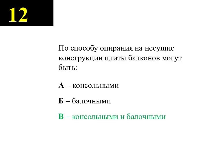 12 По способу опирания на несущие конструкции плиты балконов могут быть: