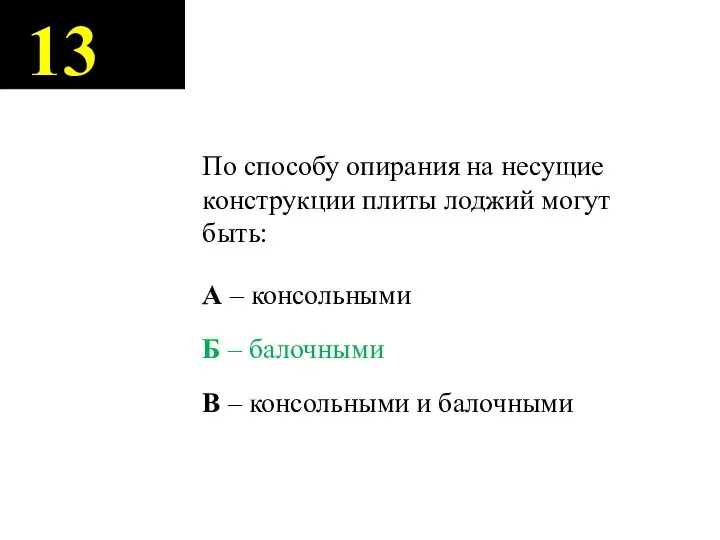 13 По способу опирания на несущие конструкции плиты лоджий могут быть: