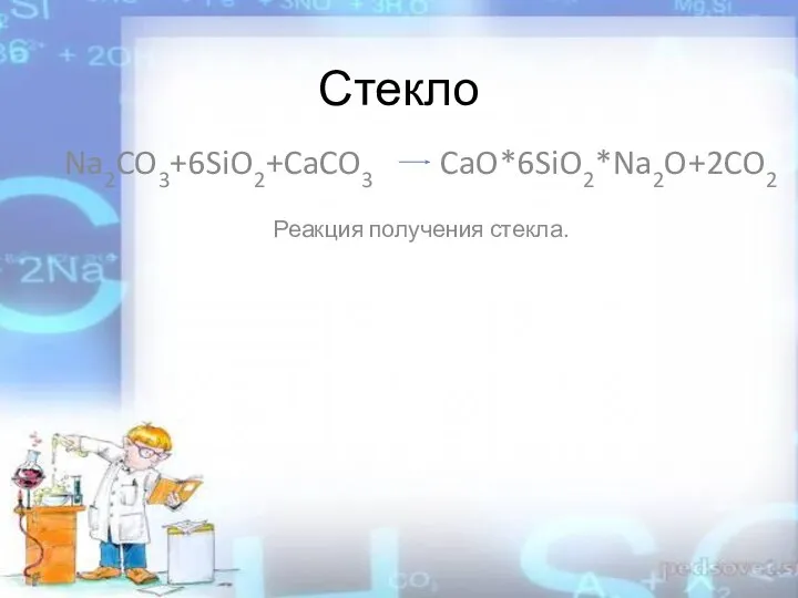 Стекло Na2CO3+6SiO2+CaCO3 CaO*6SiO2*Na2O+2CO2 Реакция получения стекла.