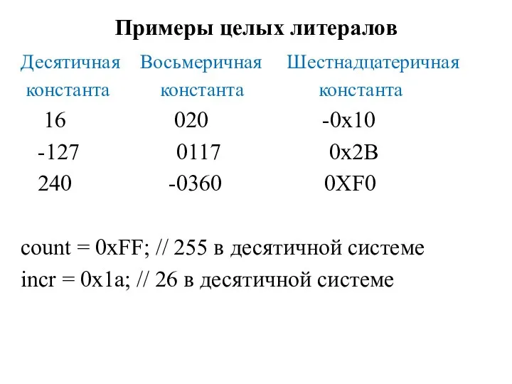 Примеры целых литералов Десятичная Восьмеричная Шестнадцатеричная константа константа константа 16 020